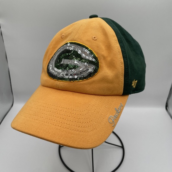 Green Bay Packers Womens‎ Sequins Baseball Cap Hat Adjustable 47 Brand Yellow - Picture 1 of 7
